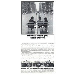 1975 Minolta SR-T 100 101 102 Vintage Print Ad Downtown Street Bench Wall Art